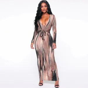 Stripe Tie Dye Long Sleeve With Belt Bandage Dress