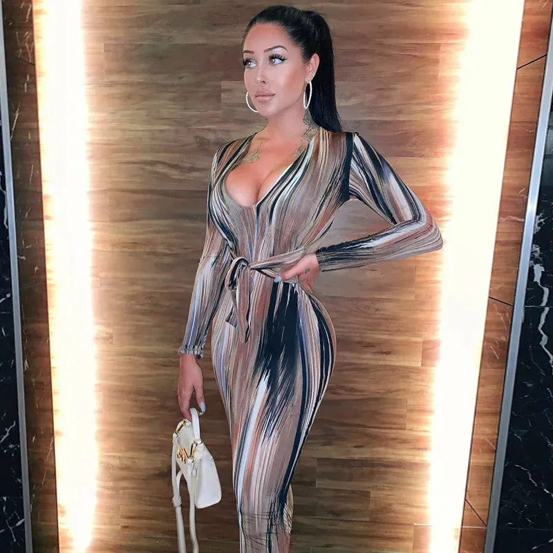 Stripe Tie Dye Long Sleeve With Belt Bandage Dress