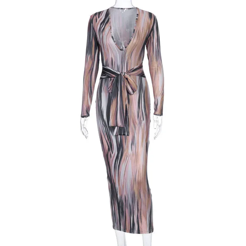 Stripe Tie Dye Long Sleeve With Belt Bandage Dress