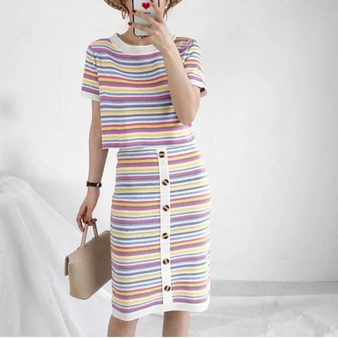 Striped T-Shirt & Button-Up Bodycon Skirt (2 Piece Set)