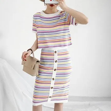 Striped T-Shirt & Button-Up Bodycon Skirt (2 Piece Set)