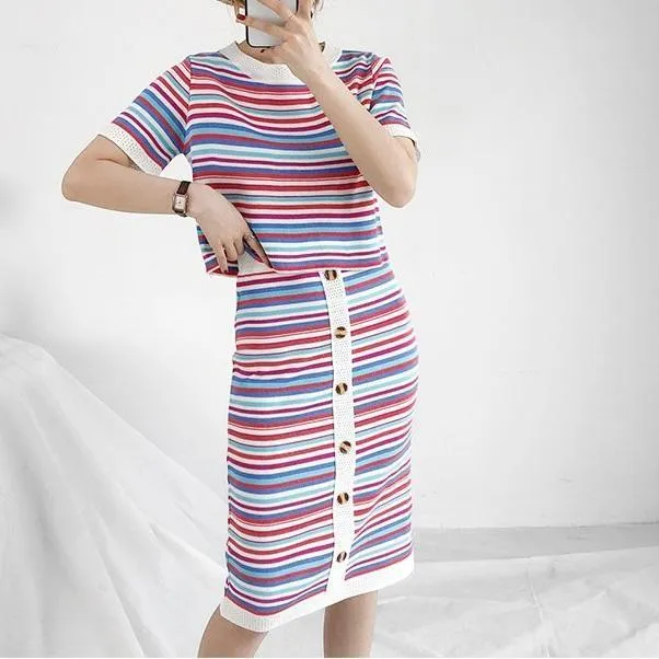 Striped T-Shirt & Button-Up Bodycon Skirt (2 Piece Set)