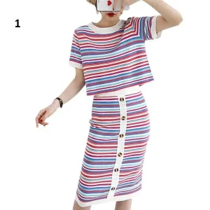 Striped T-Shirt & Button-Up Bodycon Skirt (2 Piece Set)