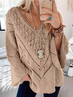 Stunncal Cutout V-Neck Flared Sleeve Sweater