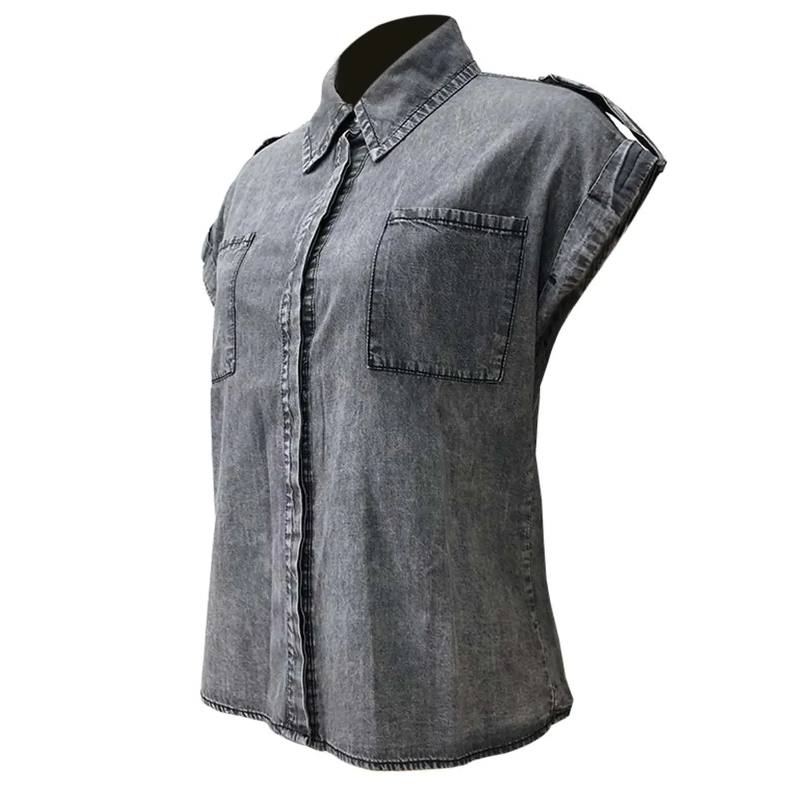 Summer Sleeveless Blouse Pure Color Retro Women'S Short Sleeve Denim T-Shirts Fashionable Street Outdoor Versatile Top 2024
