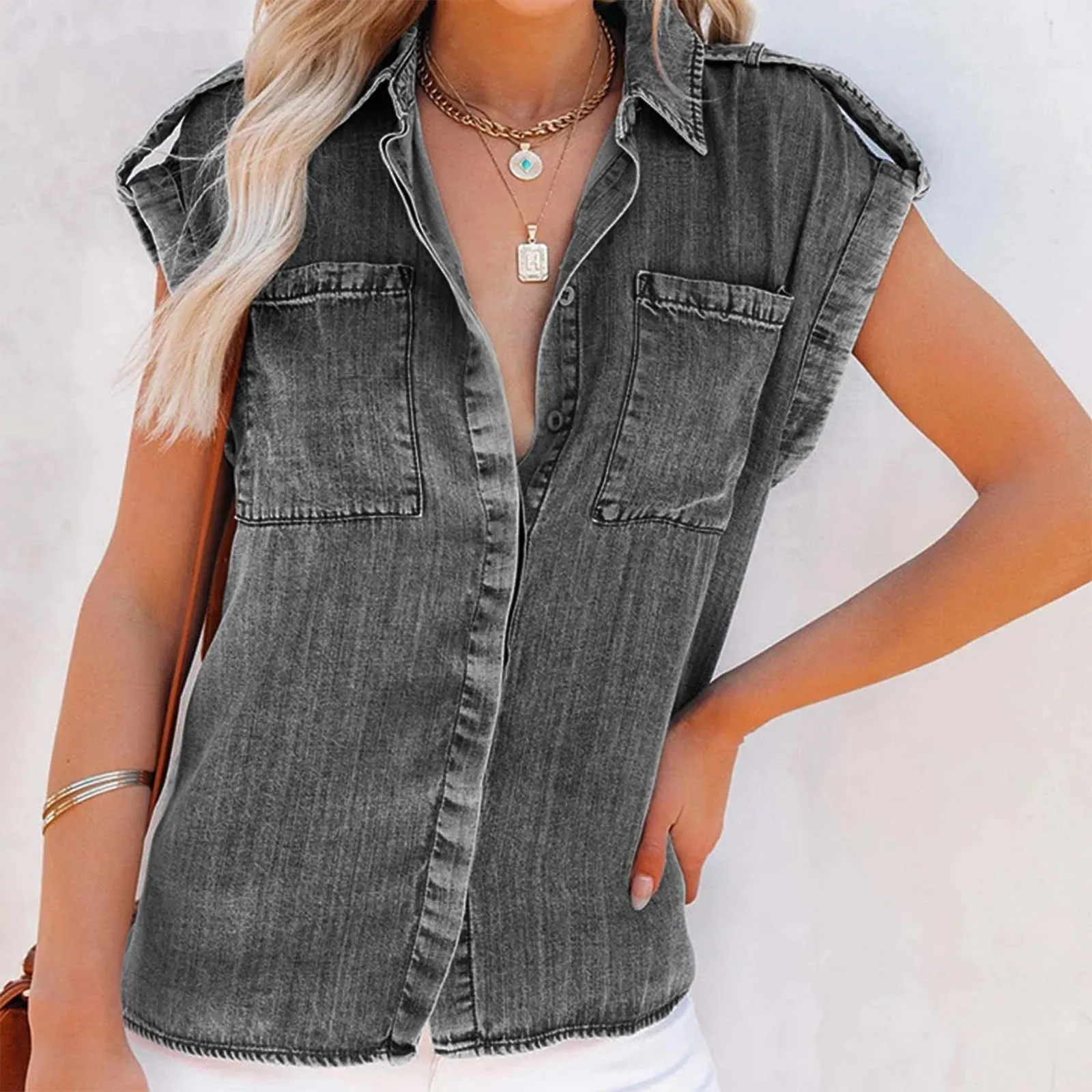Summer Sleeveless Blouse Pure Color Retro Women'S Short Sleeve Denim T-Shirts Fashionable Street Outdoor Versatile Top 2024
