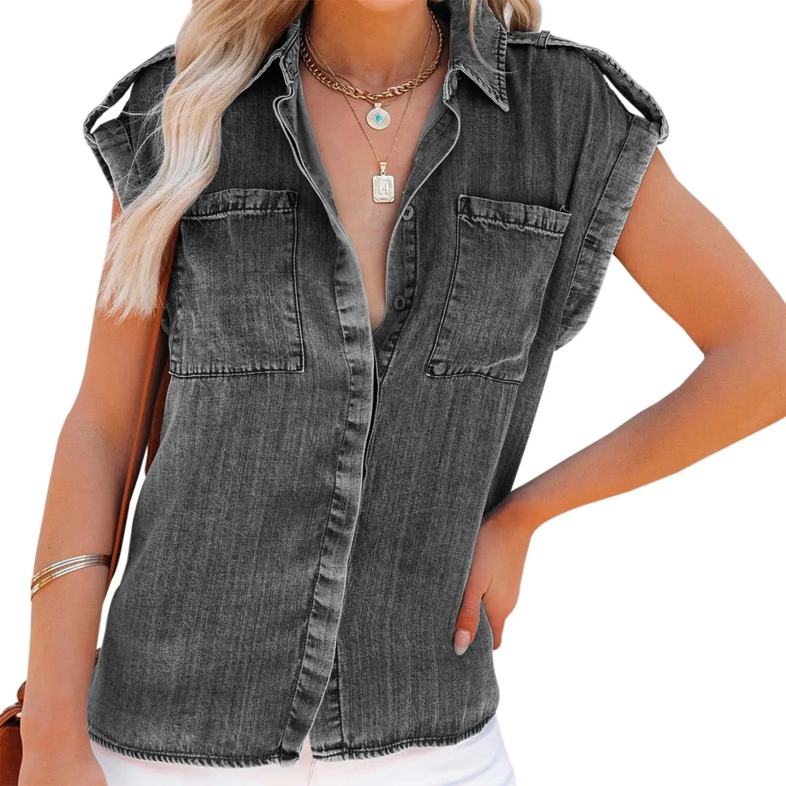 Summer Sleeveless Blouse Pure Color Retro Women'S Short Sleeve Denim T-Shirts Fashionable Street Outdoor Versatile Top 2024