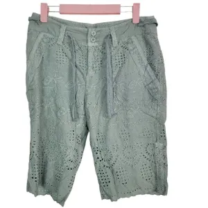 Sundance Eyelet Bermuda Shorts Green Belted Boho Floral Womens Size 4