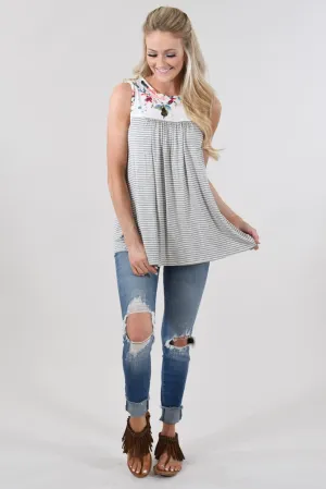 Take a Hint Floral & Striped Tank Top ~ Grey