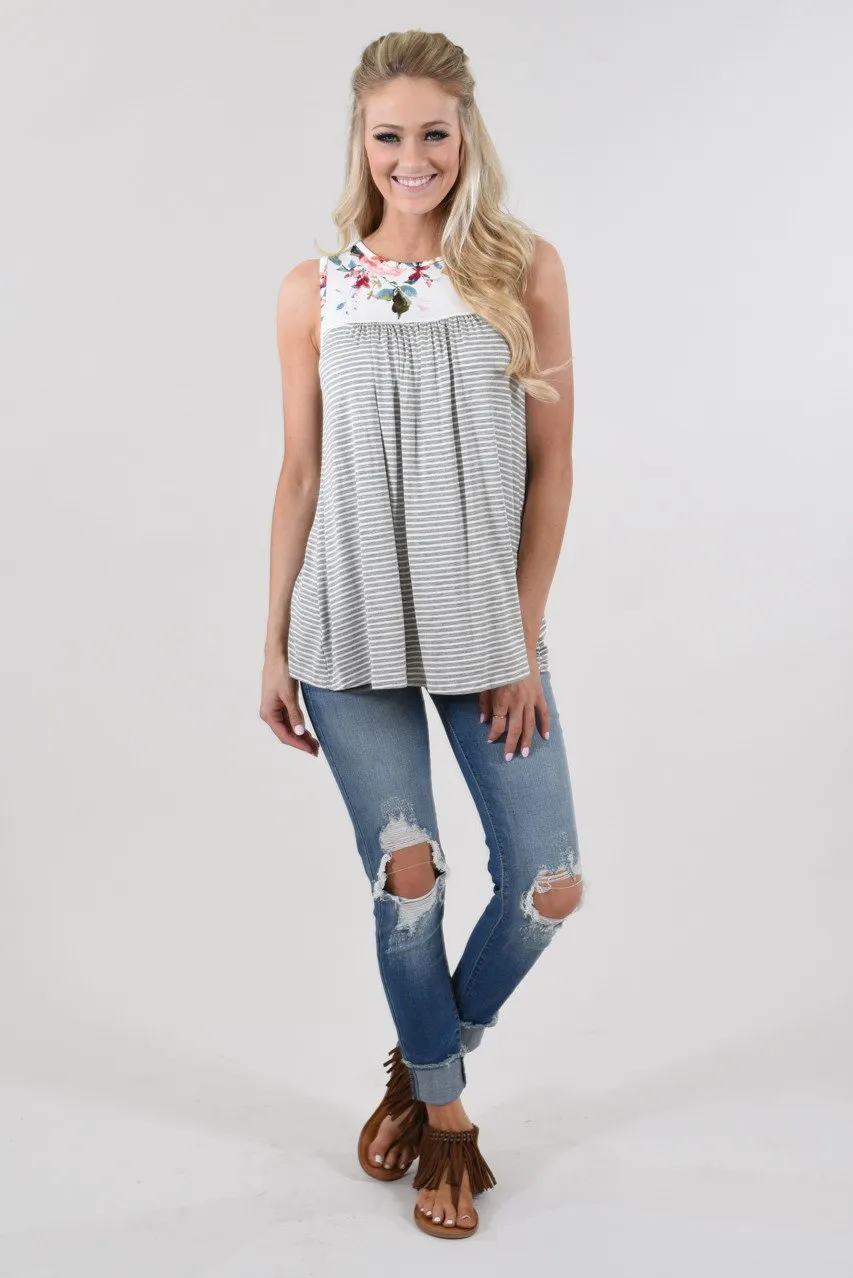 Take a Hint Floral & Striped Tank Top ~ Grey