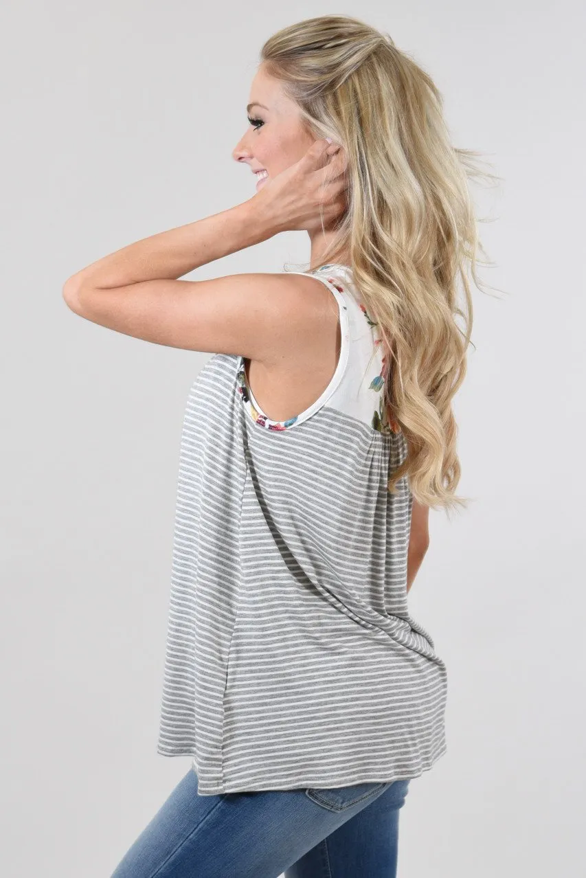 Take a Hint Floral & Striped Tank Top ~ Grey