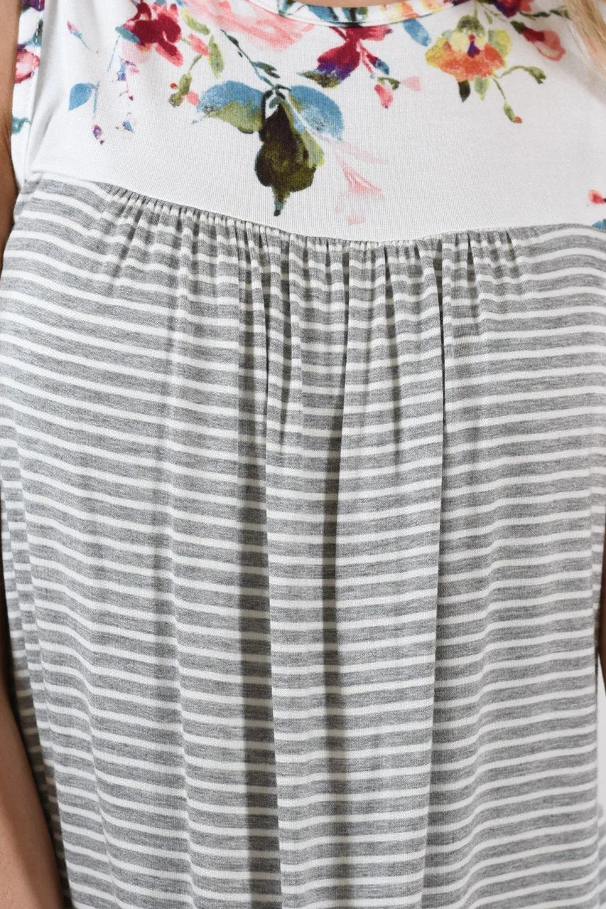Take a Hint Floral & Striped Tank Top ~ Grey