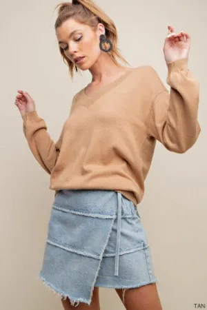 Tan Soft Thread V Neck Long Sleeve
