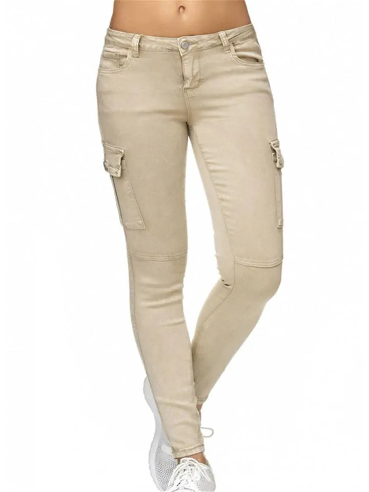 Tapered Fit Solid Color Low-Rise Multi-Pocket Skinny Denim Pants