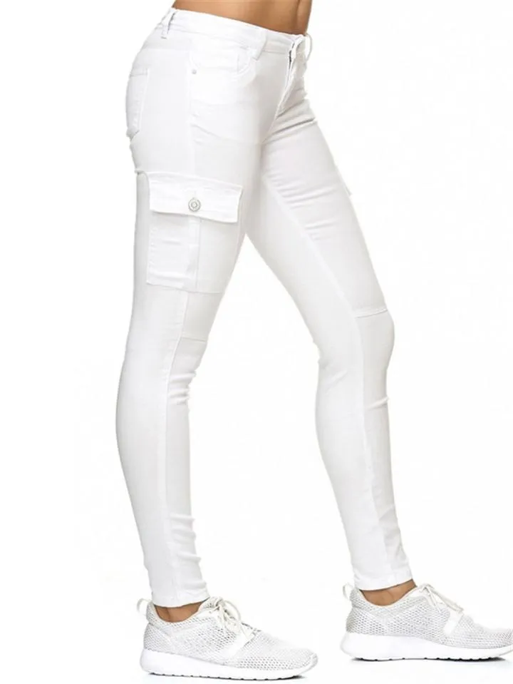 Tapered Fit Solid Color Low-Rise Multi-Pocket Skinny Denim Pants