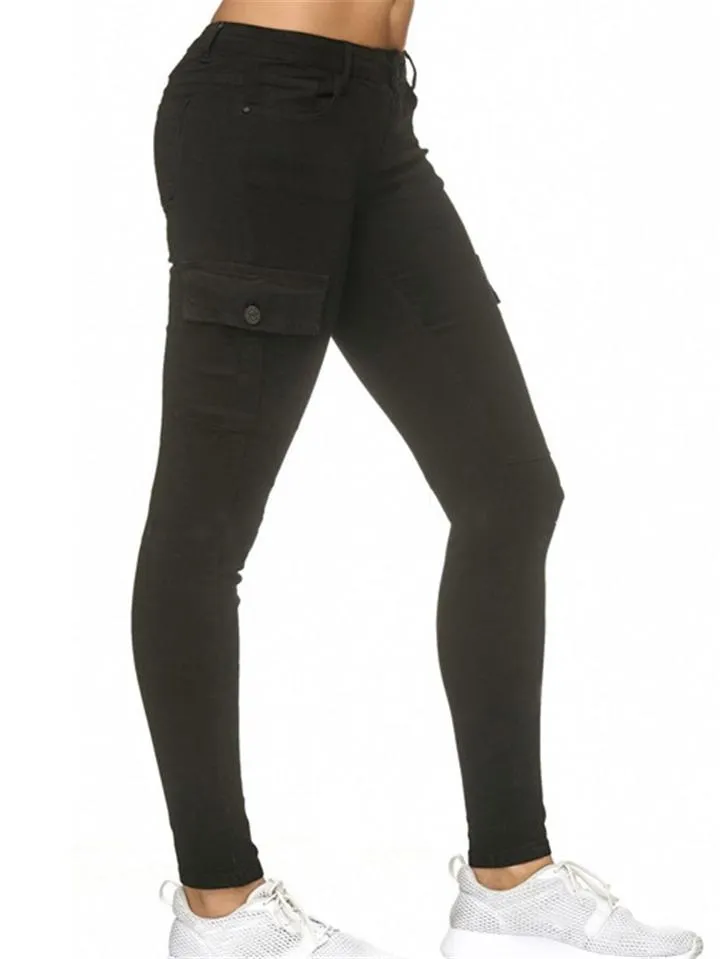 Tapered Fit Solid Color Low-Rise Multi-Pocket Skinny Denim Pants