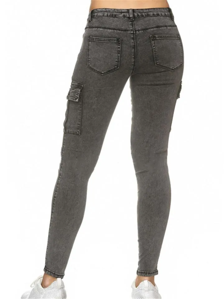 Tapered Fit Solid Color Low-Rise Multi-Pocket Skinny Denim Pants