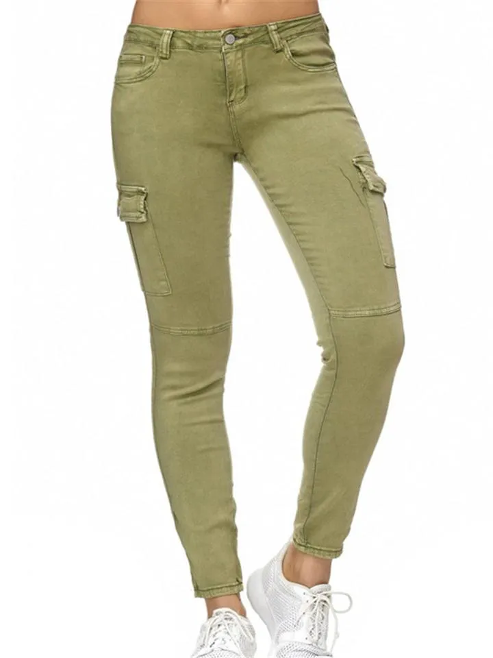 Tapered Fit Solid Color Low-Rise Multi-Pocket Skinny Denim Pants