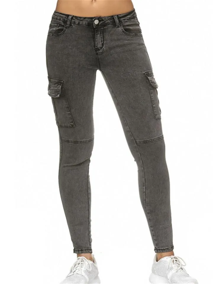 Tapered Fit Solid Color Low-Rise Multi-Pocket Skinny Denim Pants
