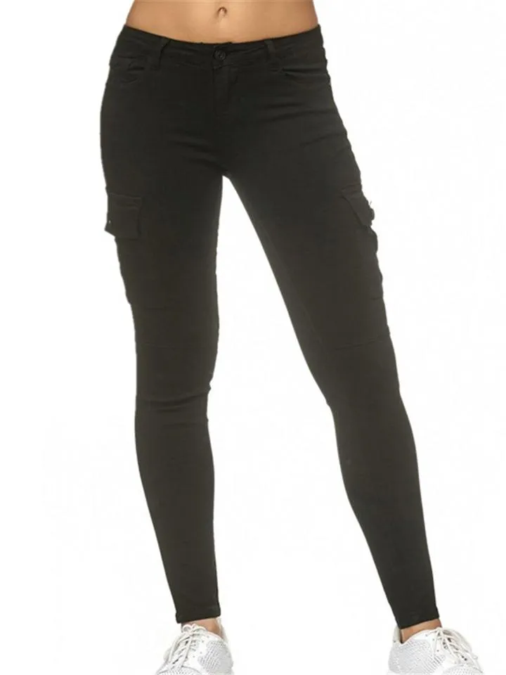 Tapered Fit Solid Color Low-Rise Multi-Pocket Skinny Denim Pants