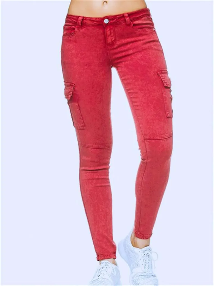 Tapered Fit Solid Color Low-Rise Multi-Pocket Skinny Denim Pants