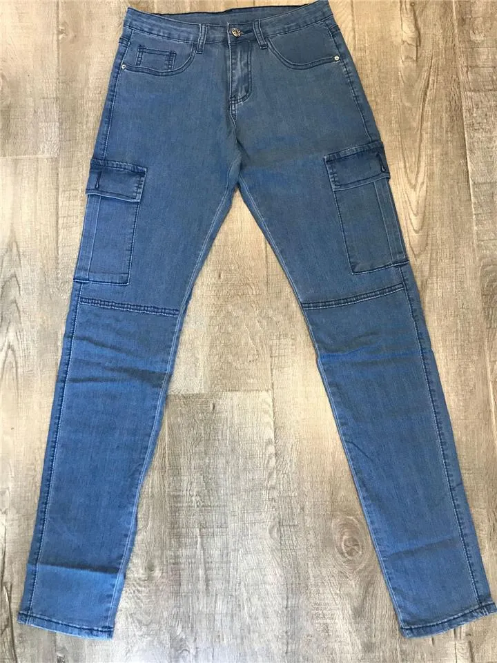 Tapered Fit Solid Color Low-Rise Multi-Pocket Skinny Denim Pants