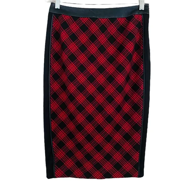 The Limited NWT Black &amp; Red Faux Leather Trim Plaid Side Zip Pencil Skirt Size 4