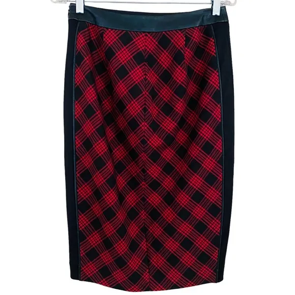 The Limited NWT Black &amp; Red Faux Leather Trim Plaid Side Zip Pencil Skirt Size 4