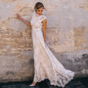 The Sales Rack-Vintage Champagne Lace Bohemian Bride Dress A Line Cap Sleeve With Sexy Back