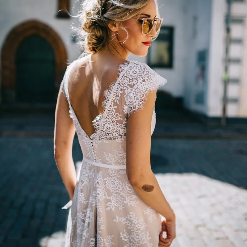 The Sales Rack-Vintage Champagne Lace Bohemian Bride Dress A Line Cap Sleeve With Sexy Back