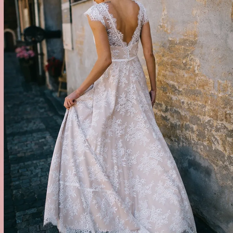 The Sales Rack-Vintage Champagne Lace Bohemian Bride Dress A Line Cap Sleeve With Sexy Back