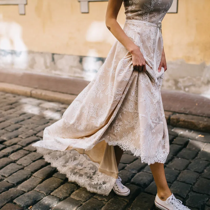 The Sales Rack-Vintage Champagne Lace Bohemian Bride Dress A Line Cap Sleeve With Sexy Back