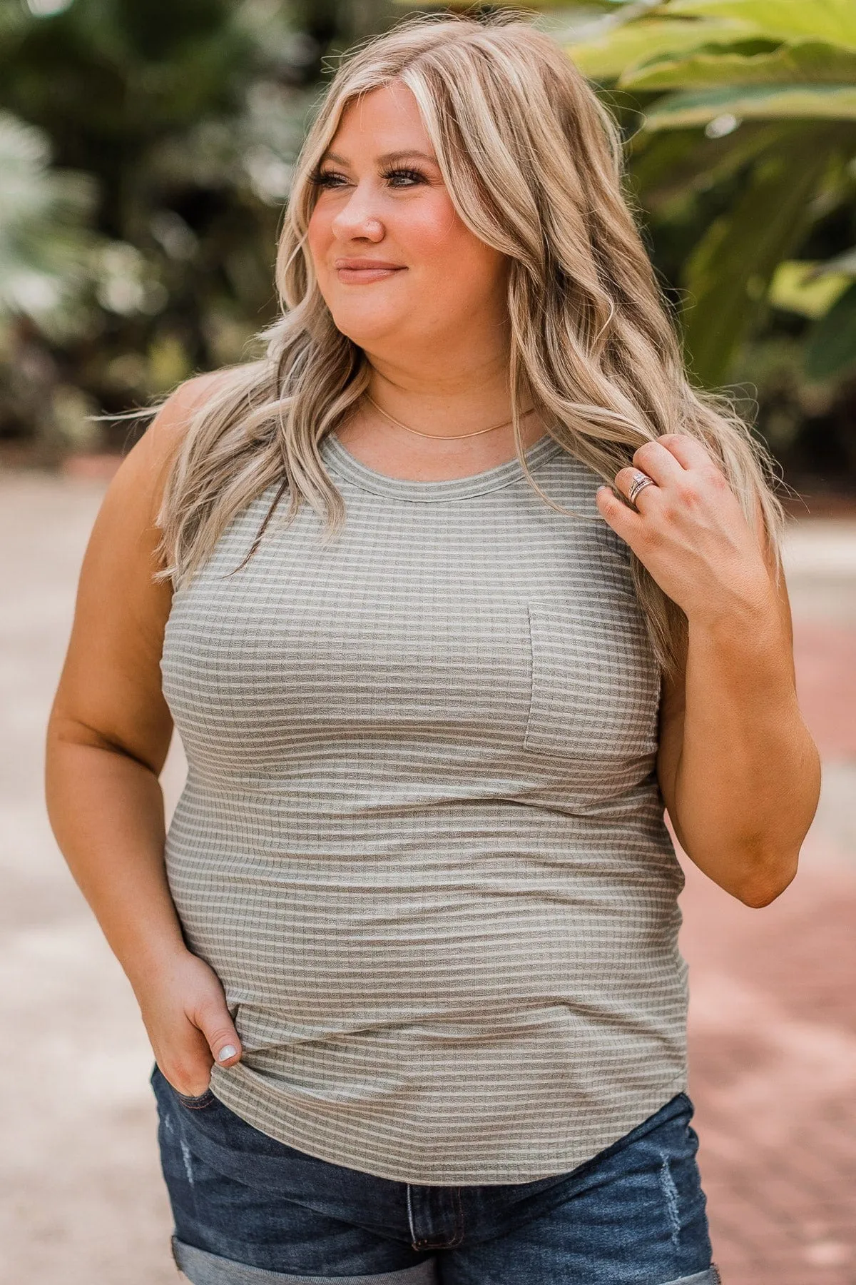 Thinking Of Forever Striped Tank Top- Olive