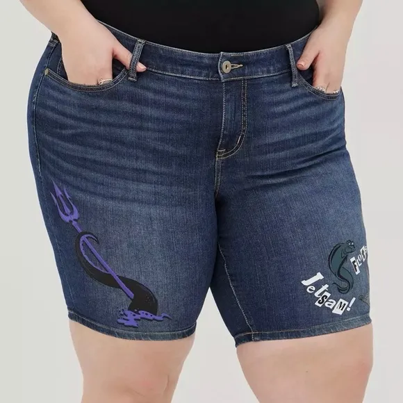 Torrid x Disney Villains Ursula Stretch Denim Bermuda Boyfriend Shorts 16 1X