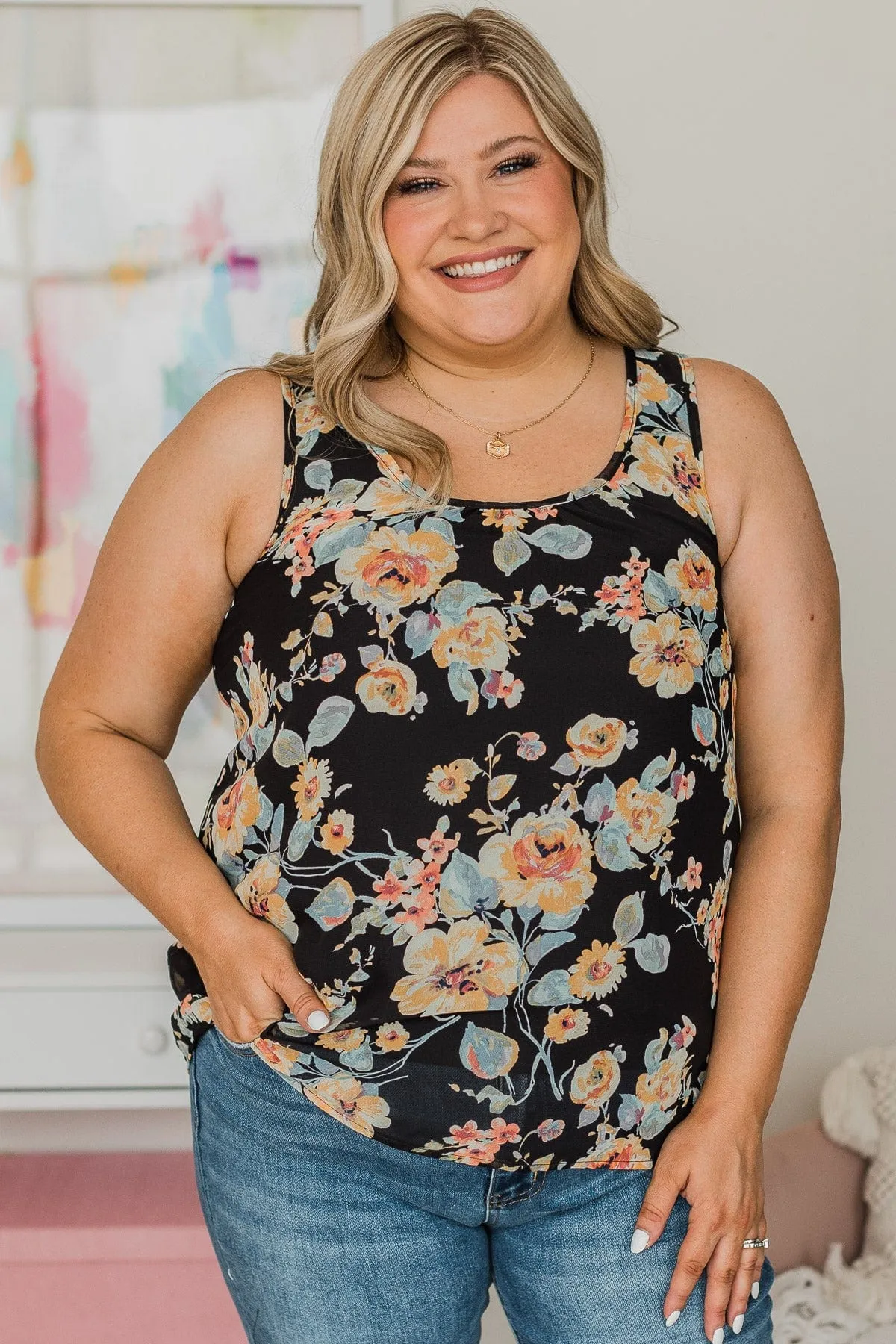 Under Your Spell Floral Tank Top- Black