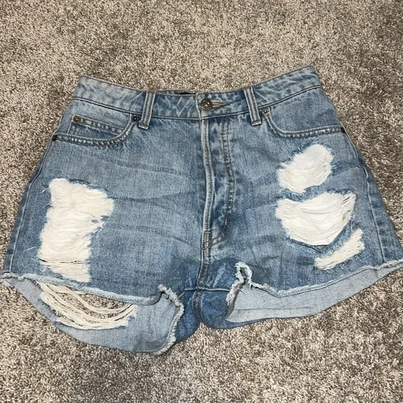 Urban outfitters bardot denim high waisted patched distressed shorts size 26