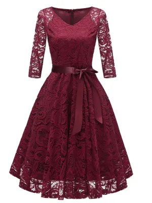V Neck Soild Color Long Sleeve Bow Lace A line Vintage Dress
