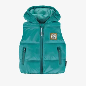 Veste doudoune sans manches turquoise à capuchon, bébé || Turquoise sleeveless puffer with hood, baby