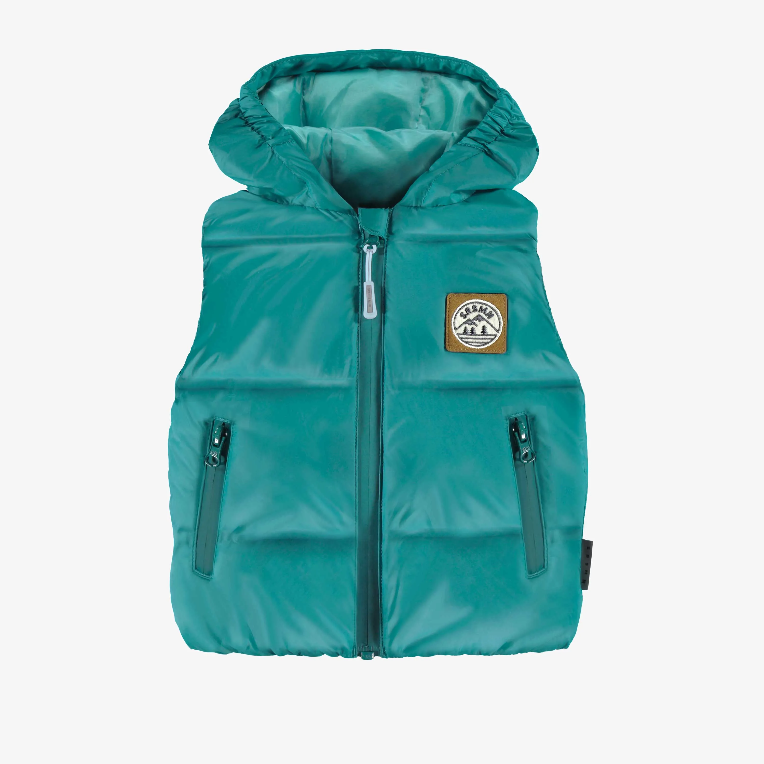 Veste doudoune sans manches turquoise à capuchon, bébé || Turquoise sleeveless puffer with hood, baby