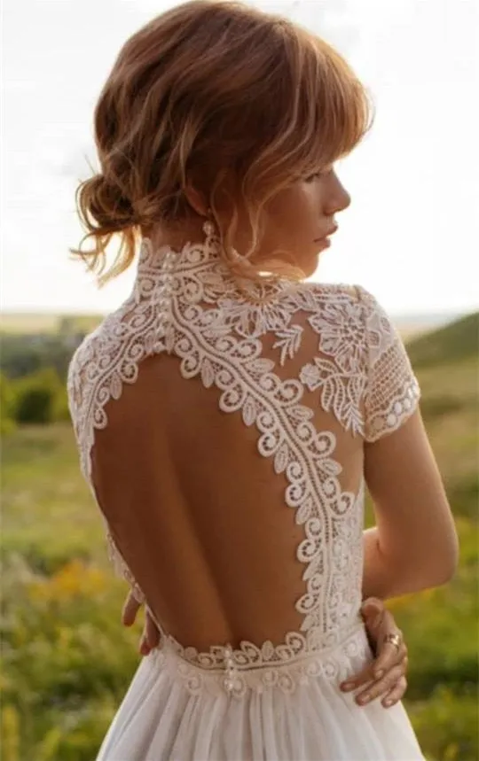 Vintage Boho Wedding Dress Features Lace Tulle High Neck And Cap Sleeves