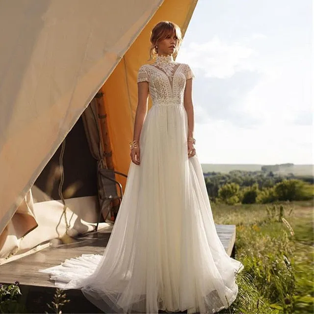 Vintage Boho Wedding Dress Features Lace Tulle High Neck And Cap Sleeves