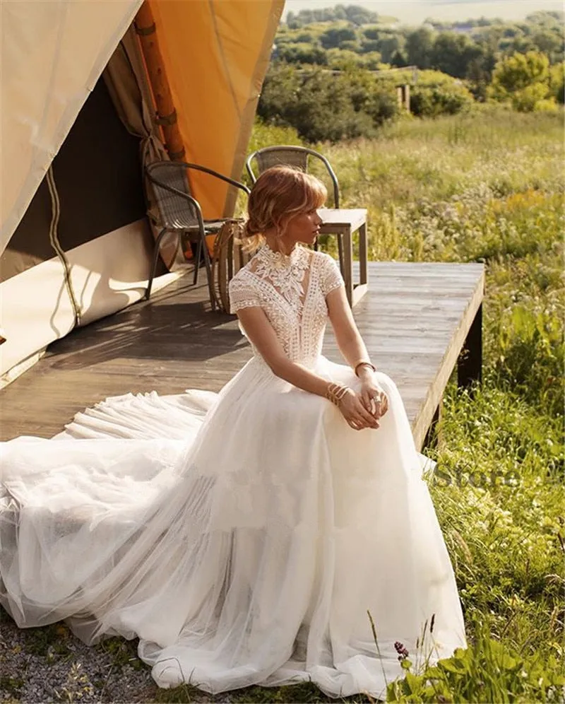 Vintage Boho Wedding Dress Features Lace Tulle High Neck And Cap Sleeves