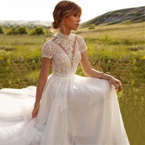 Vintage Boho Wedding Dress Features Lace Tulle High Neck And Cap Sleeves