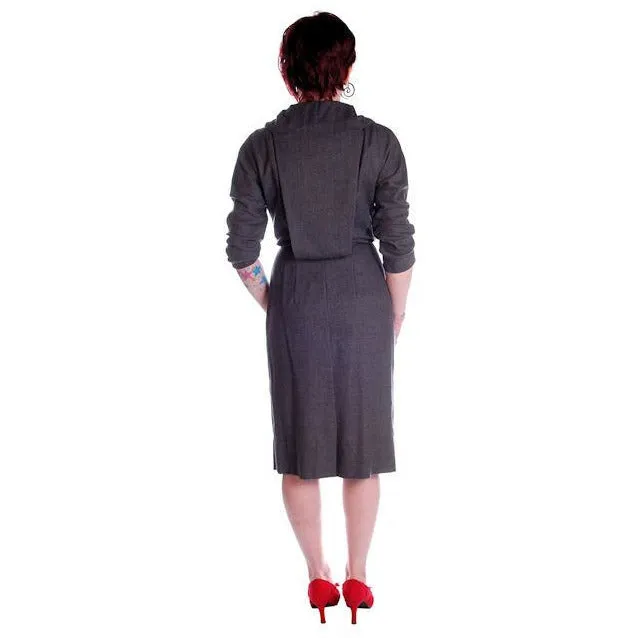 Vintage Grey Wool Secretary Dress 1950s Richard Cole MCM Pompian 34-25-36