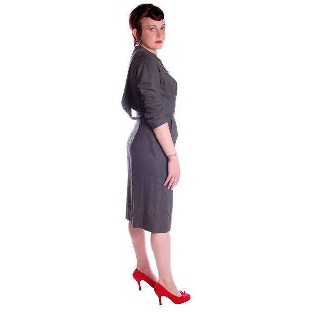 Vintage Grey Wool Secretary Dress 1950s Richard Cole MCM Pompian 34-25-36