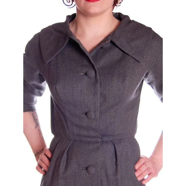Vintage Grey Wool Secretary Dress 1950s Richard Cole MCM Pompian 34-25-36