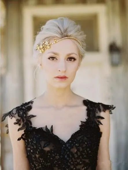 Vintage Inspired Black Bridal  Dress Features Tulle Lace Applique Sweetheart Neckline Beaded And Backless