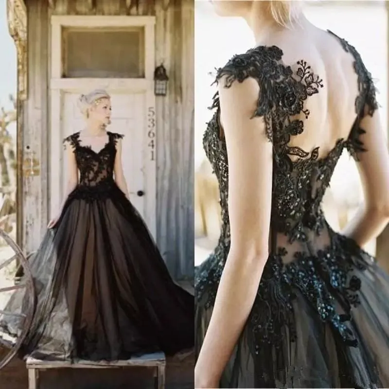 Vintage Inspired Black Bridal  Dress Features Tulle Lace Applique Sweetheart Neckline Beaded And Backless