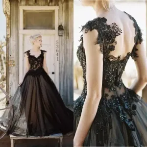 Vintage Inspired Black Bridal  Dress Features Tulle Lace Applique Sweetheart Neckline Beaded And Backless