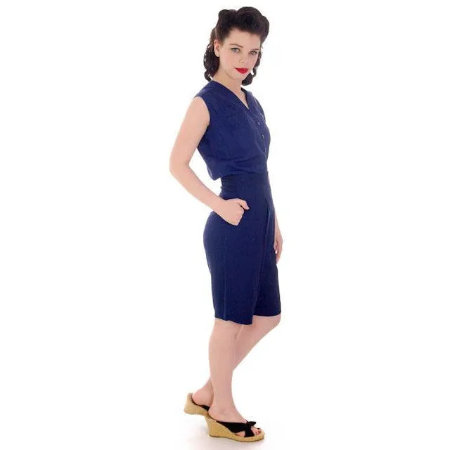 Vintage Ladies Side Zip Bermuda  Shorts Navy Blue Versatogs 1940s 27" Waist